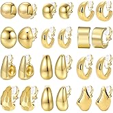 NEWITIN 12 Pairs Gold Clip On Hoop Earrings for Women Retro Chunky Hoop Earring Multiple No Piercing Fake Earring Clip On Earrings for Women