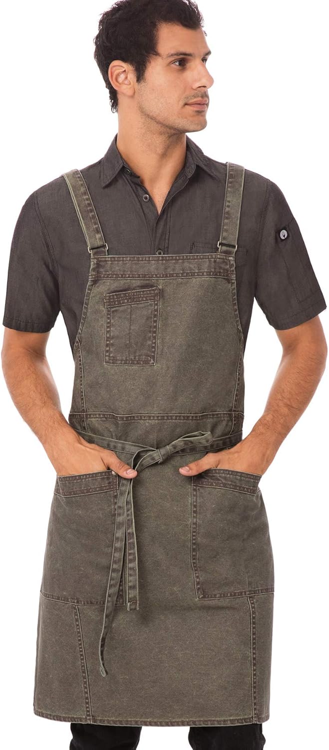 Chef Works unisex adult Denver Cross-back Bib Work Utility Apron, Olive Wood, One Size US: Clothing