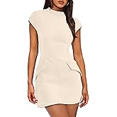 OFEEFAN Womens Summer Dress Mock Neck Short Sleeve Bodycon Party Club Mini Dresses