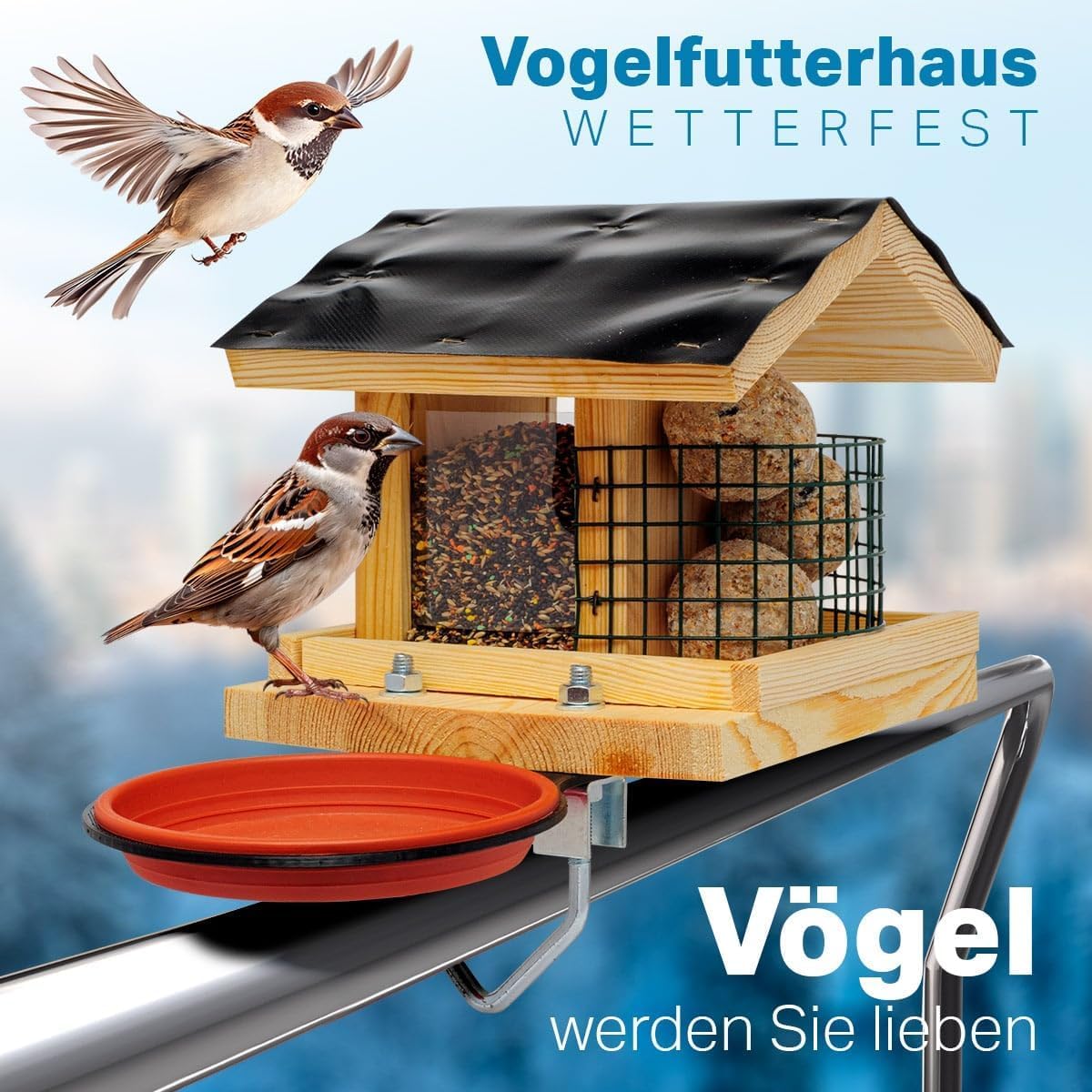 STAFECO Vogelfutterhaus Vogelhaus für Balkon wetterfest Futterhaus balkongeländer Holz imprägniert Handarbeit Gartenvögel im Garten Balkonhalterung mit Einer Größe von 30 bis 60 mm (Balkon 2) 4