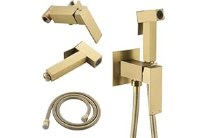 BARROCK Warm Water Bidet Sprayer Faucet for Toilet with Hot and Cold Brass Rough-in Valve, Stainless Steel Square Handheld Bidet Attachment Set For Feminine, Pets and Baby Diaper Washing, Brushed Gold