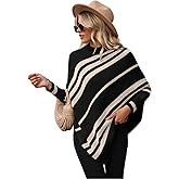 SISKIN Women’s Turtleneck Striped Poncho Sweater 2025, Asymmetric Oversized Batwing Casual Pullover Sweater Black L