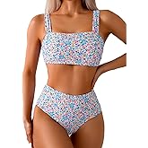 Fanuerg Women's High Waisted Bikini Sets Wide Straps Two Piece Swimsuit Floral Print Bathing Suits