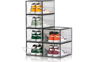 CKHXR Upgraded X-Large 6 Pack Clear Shoe Storage Organizer,Stackable Shoe Rack for Closet,Plastic Shoe Boxes with Magnetic Door,Shoe Containers For Sneaker Display,Fit up to US Size13