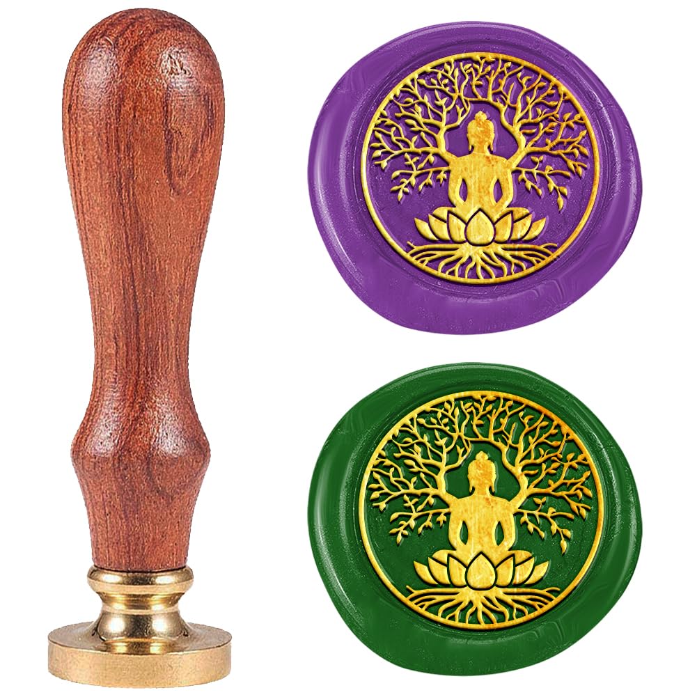 DELORIGIN Buddha Wax Seal Stamp Tree of Life Wax Stamps 25mm Removable Brass Sealing Stamp Head With Wooden Handle Retro Wax Sealing Stamp for Gift Wrap Envelopes Greeting Cards Decoration