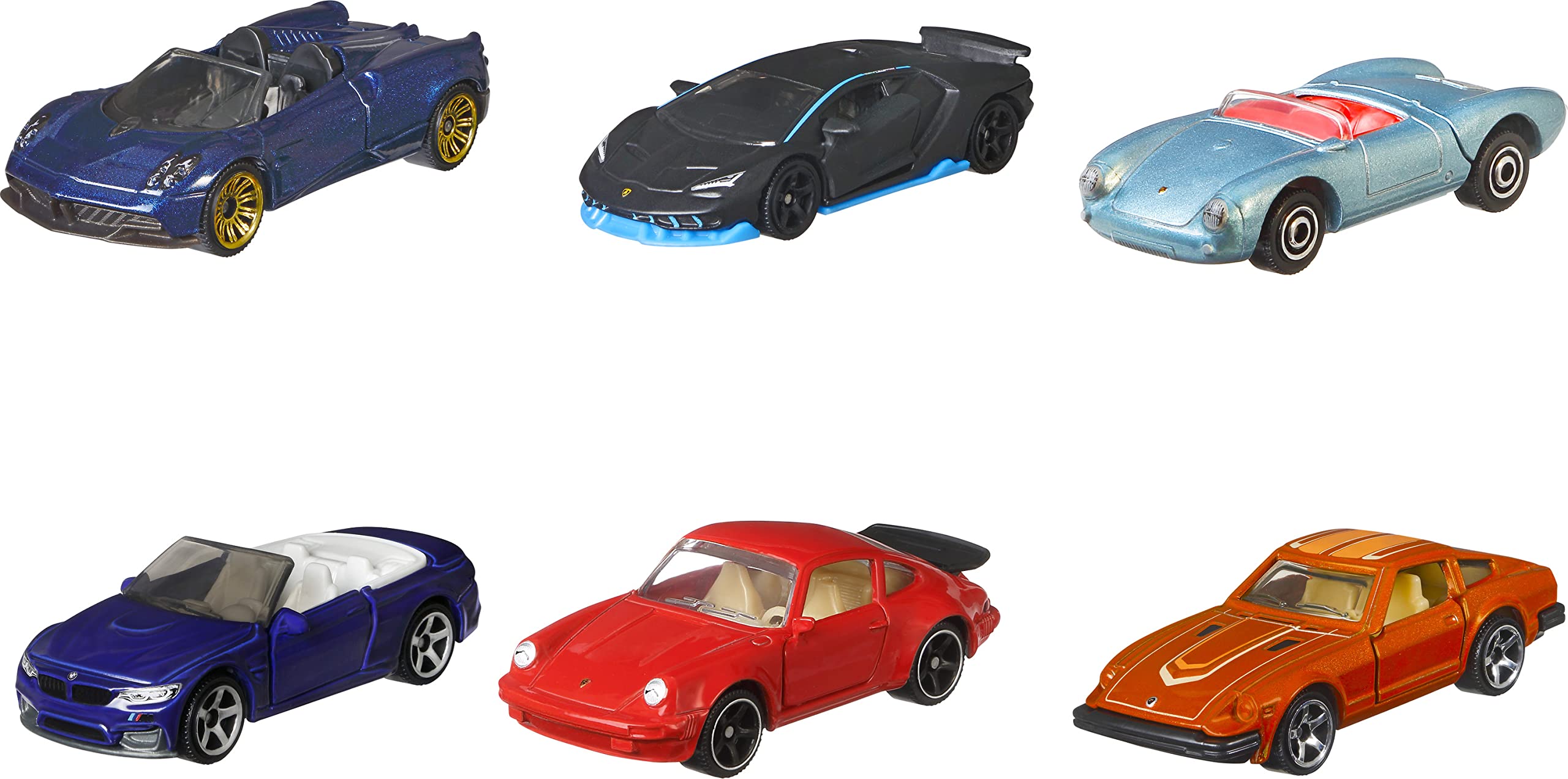 Matchbox Cars 6-Pack, Set of 6 Toy Vehicles in 1:64 Scale, Trunks, Hoods or Doors Open & Close: Porsche, Lamborghini, BMW, Datsun & Pagani