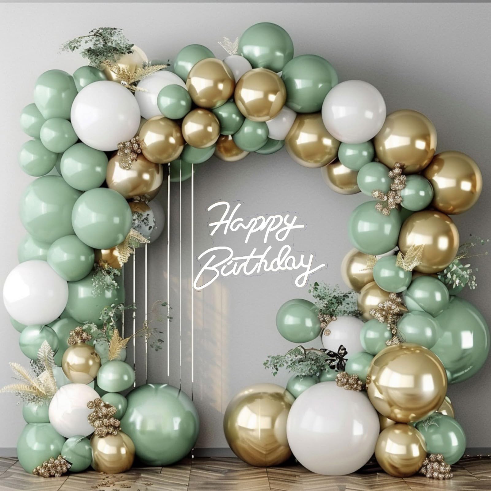 Sage Green Gold Balloon Garland Arch Kit, 160Pcs Olive Green White and Gold Latex Balloons for Woodland Jungle Safari Baby Shower Gender Reveal Wedding Birthday Party Decoration