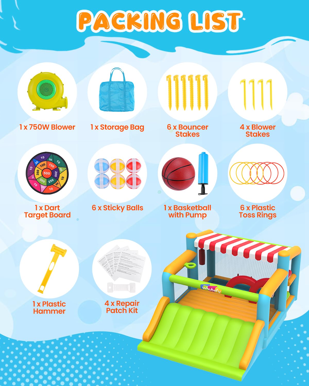 Whubefy Large Bounce House for Big Kids 8-12, 16x11.5FT Kid 3-6 Inflatable Obstacle Course w/XXL Slide, Jump Zone, Water Pool, Obstacle Bars, Ring Toss, 750W Blower, Outdoor Bouncy Castle Holds 6 Kids