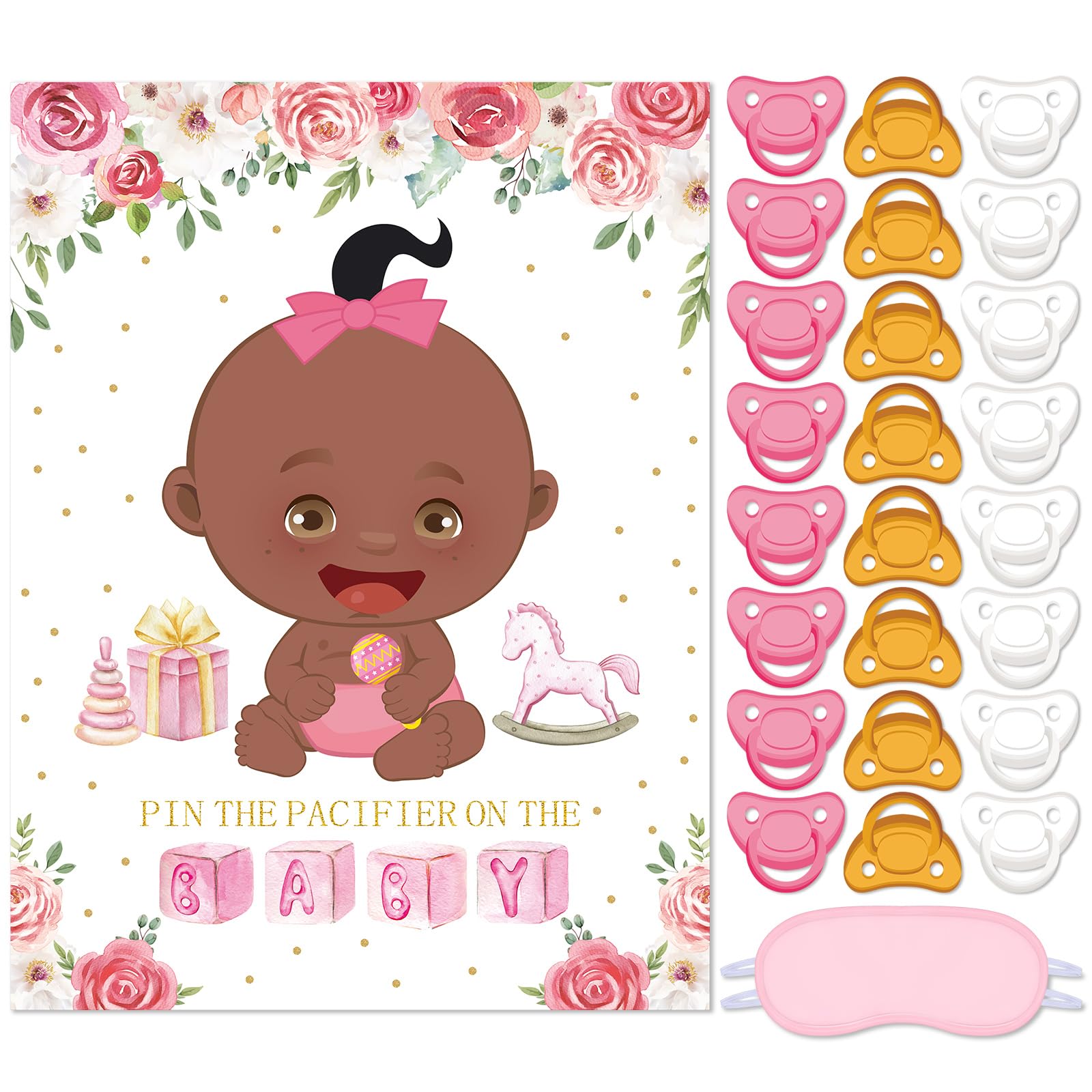 Photo 1 of Faccito Pin the Pacifier Baby Shower Games Baby Shower Party Decoration Include Large Poster 24 Pacifier Stickers Pink Blindfold Pin Floral Game Set for Birthday Party Decorations Game Supplies(Brown)
