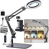 LED Magnifying Desk Lamp with Stand and Clamp for Repair, Crafts, Reading | 5-Diopter Glass Lens, 3 Color Modes , Stepless Dimming , Adjustable Swivel Arm, Magnifying Lamp