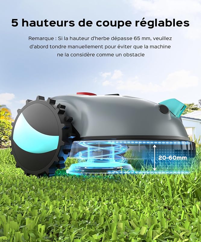 V100 Robot Tondeuse sans Fil Périphérique, avec Caméra, évitement d'obstacles, Navigation Visuelle, 150㎡ Robot Tondeuse Gazon Batterie 4 Ah, avec Lames de Rechange, Coupe en Spirale