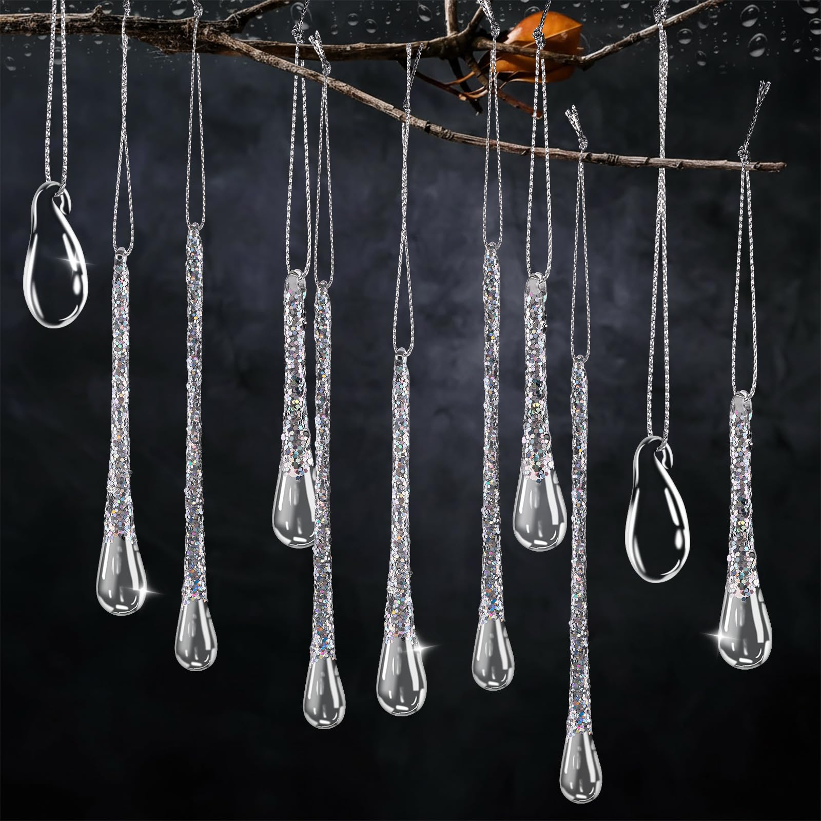 Photo 1 of Amyhill 36 Pcs Glitter New Year Glass Crystal Teardrop Ornaments Different Size Raindrop Hanging Ornament Clear Glass Drop Chandelier Pendant Crystal with Rope for Winter Party Centerpieces Decoration