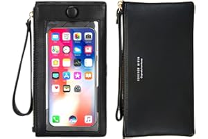 ASLANA Women Faux Leather Long Wallet Wristlet Handbag with Touch Screen Clear Phone Window (Black)