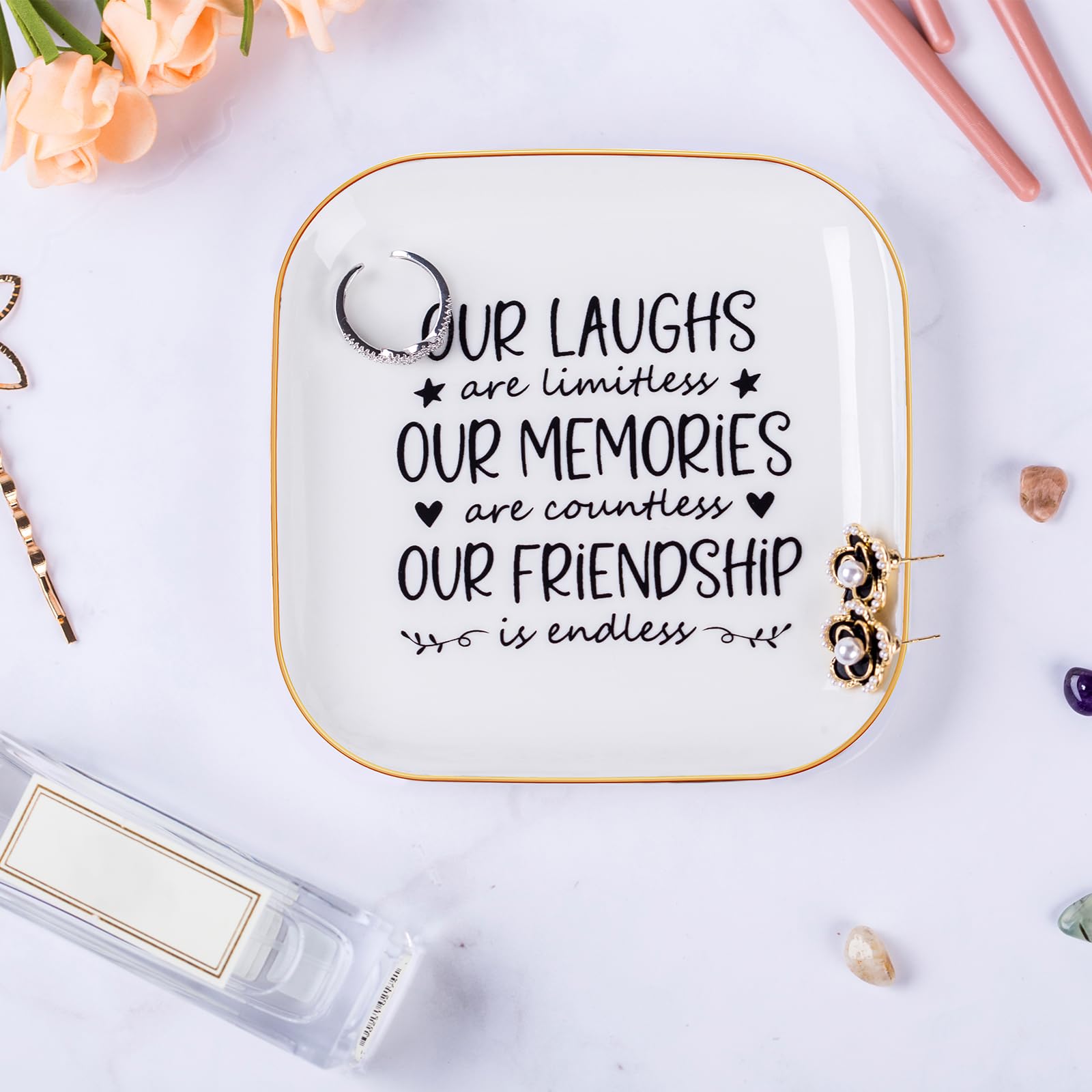 Piudee Friendship Gifts for Women Best Friend Jewelry Dish, Our Laughs are Limitless, Our Memories are Countless, Our Friendship is Endless Unique Gifts for Women, Female Friend Birthday Christmas