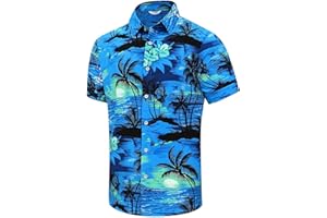 SheLucki Hawaiian Shirt for Men, Unisex Summer Beach Casual Short Sleeve Button Down Shirts, Printed Palmshadow Clothing