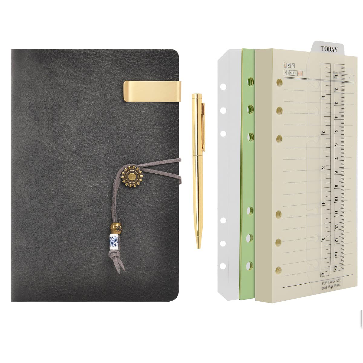 WONDERPOOL A6 Leather Diary Lined Paper Notebook & Pen - Refillable 6 Ring Binder Writing Spiral Journal for Office Travel Work and Plan Agenda(a-Grey, A6)