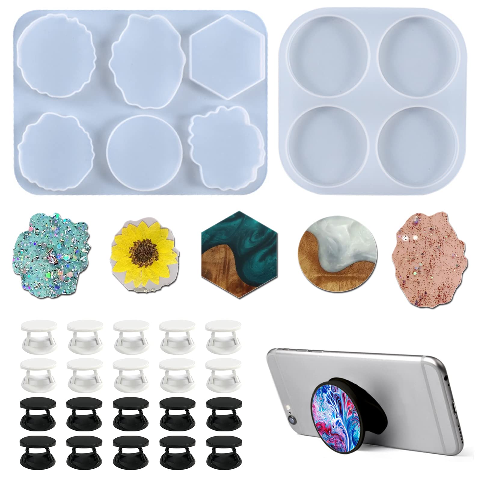 Photo 1 of 2 Pcs Phone Grip Resin Mold with 20 Pcs Blank Phone Socket Holders, Phone Grip Holder, Phone Finger Expanding Stand Holder, MaehSab On Top Phone Grip Silicone Resin Molds for Epoxy Casting Resin