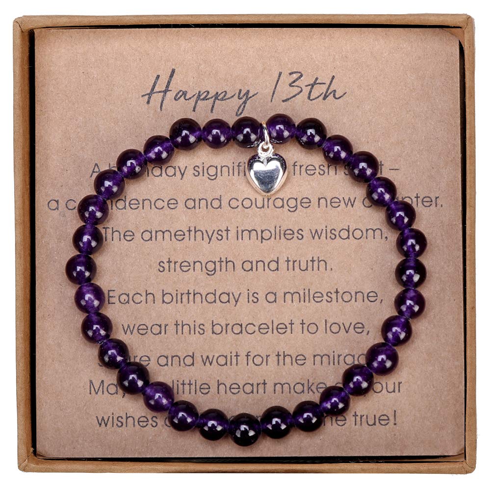 Giuesytic Gifts for 13 Year Old Girl Amethyst Bead Bracelet with Sterling Silver Heart Charm 13th Birthday Gifts for Girls with Card and Gift Box
