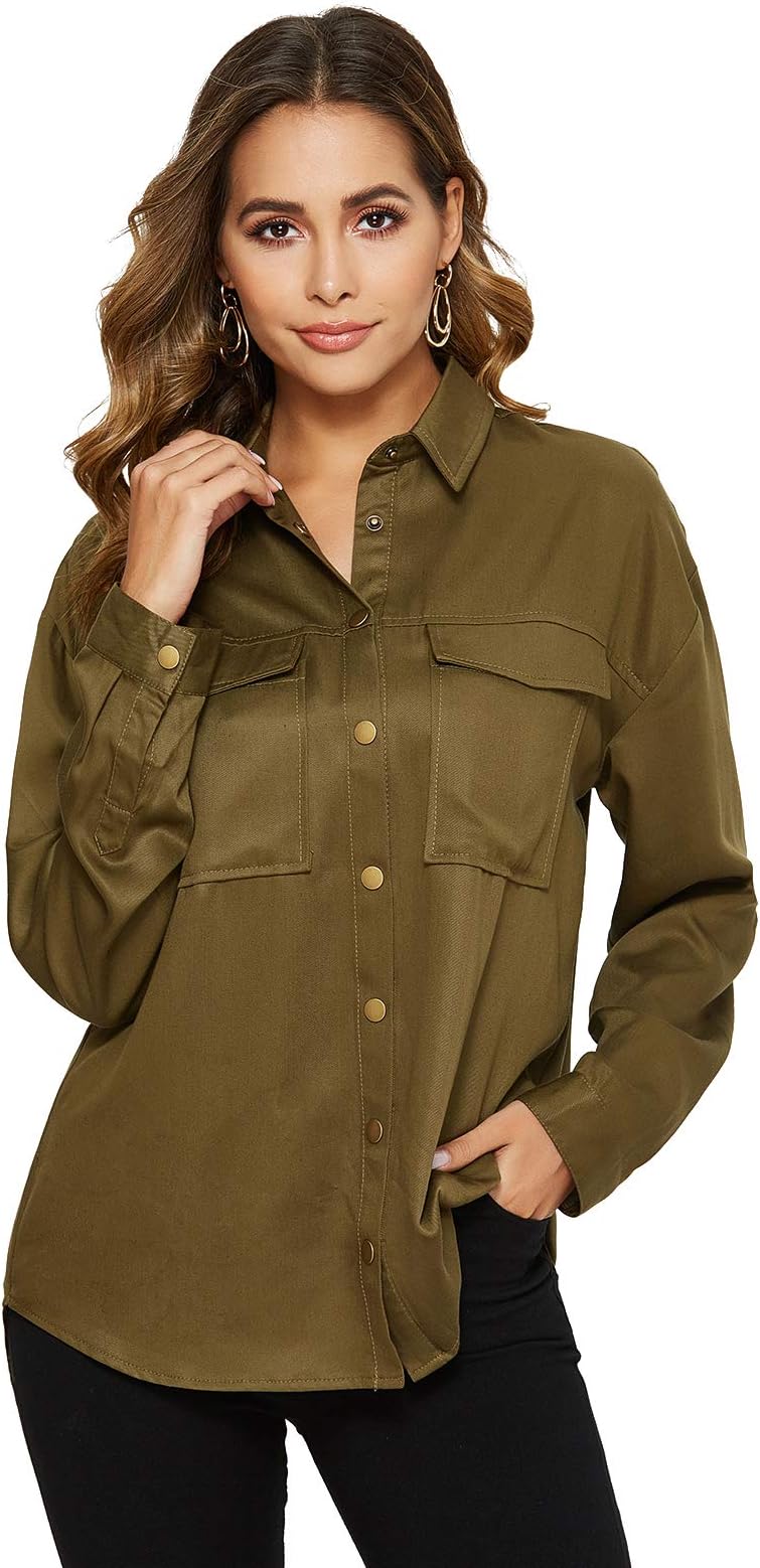 Escalier Women's Button Down Shirt Long Sleeve Casual Blouse Oversized Shirts with Pocket