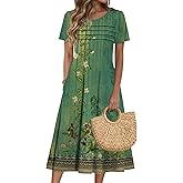 Zeagoo Womens Casual Dresses for Summer Short Sleeve Flare Midi Dress Loose Beach Sundress Pleated Front Dress with Pockets