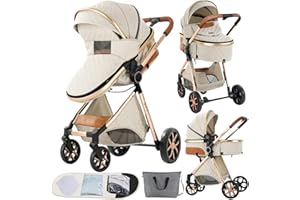 SUPPERBEBE 2 in 1 Baby Stroller with Bassinet Convertible Reversible Standard Baby Pram Portable Pushchair Infant Buggy Baby Carriage Foldable High Landscape Pram for Toddler Newborn (2USV9-WHITE)