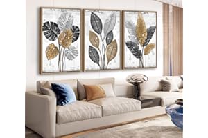 LINGLINGDOG Large Framed Wall Art - Natural Float Framed Black Brown Gray Leaf Pattern Canvas Pictures Decor Rustic Foliage Plants Artwork for Living Room Bedroom Kitchen Home Office Decoration 60" X 28" Set of 3
