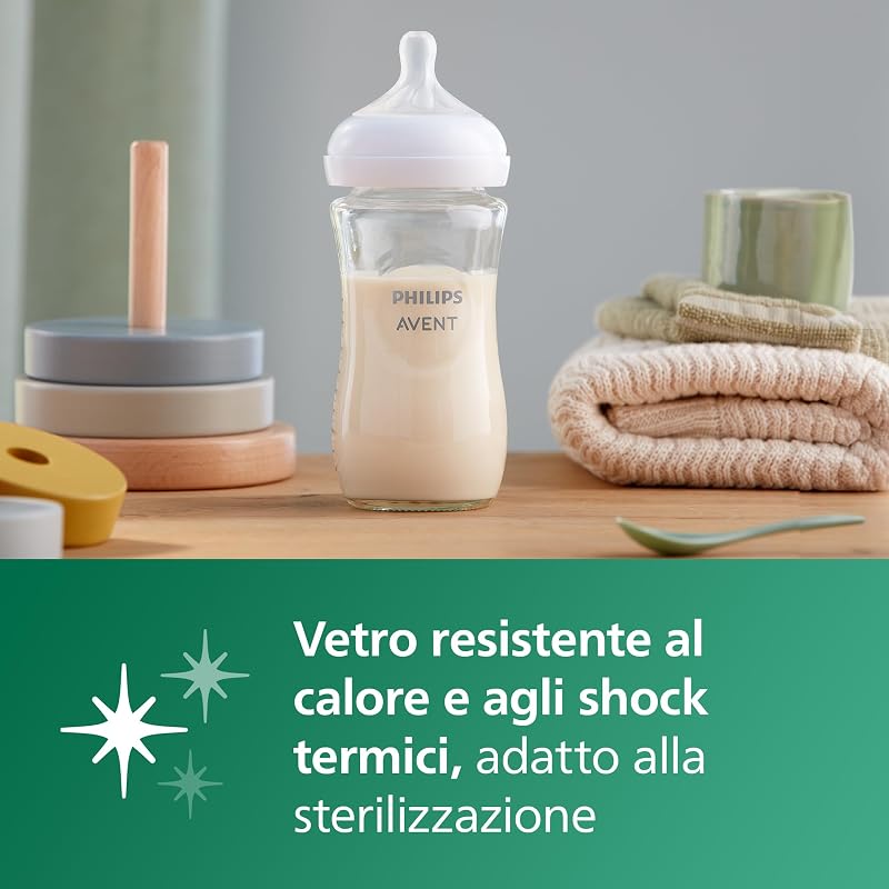 Avent Natural Response set regalo in vetro con 3 biberon da 120 ml e 2 da 240 ml, 2 ciucci Philips Avent ultra soft 0-6 mesi, spazzola per biberon, senza BPA (modello SCD879/11)