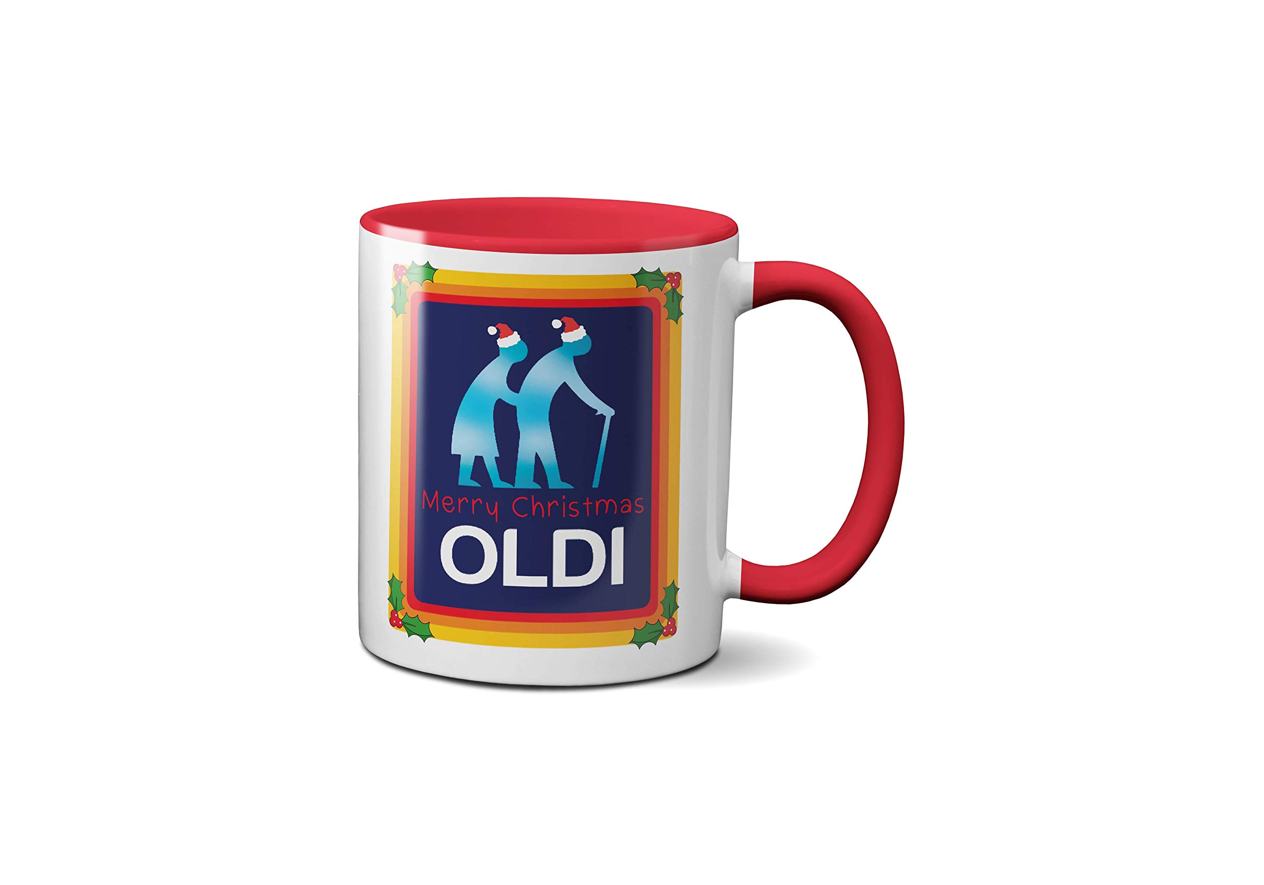 Merry Christmas Oldi Mug- Red Handle Rude Funny Joke Secret Santa Presents Ideas Heavy Duty Handle Dino Coated Dishwasher/Microwave Safe Sublimation Ceramic (Standard Prime)