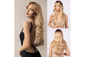 Honygebia Blonde Wig with Bangs - Long Wavy Ombre Curtain Bang Wigs for White Women, Light Ash Blond Dark Roots Synthetic Heat Resistant Hair, Natural Cute Strawberry Wigs for Halloween/Christmas