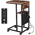 YILFANA C Shaped End Table with Charging Station, C Shaped Side Table with Storage and Lockable Wheels, C Table with USB Ports & Power Outlets, for Living Room, Bedroom, Brown