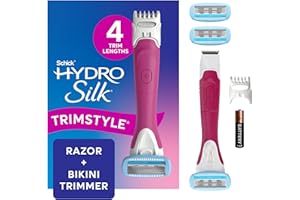 Schick Hydro Silk TrimStyle Razor with Bikini Trimmer for Women | 2-in-1 Bikini Razor for Women and Womens Trimmer for Pubic Hair, Includes 1 Waterproof Handle, 3 Refills & 1 AAA Battery