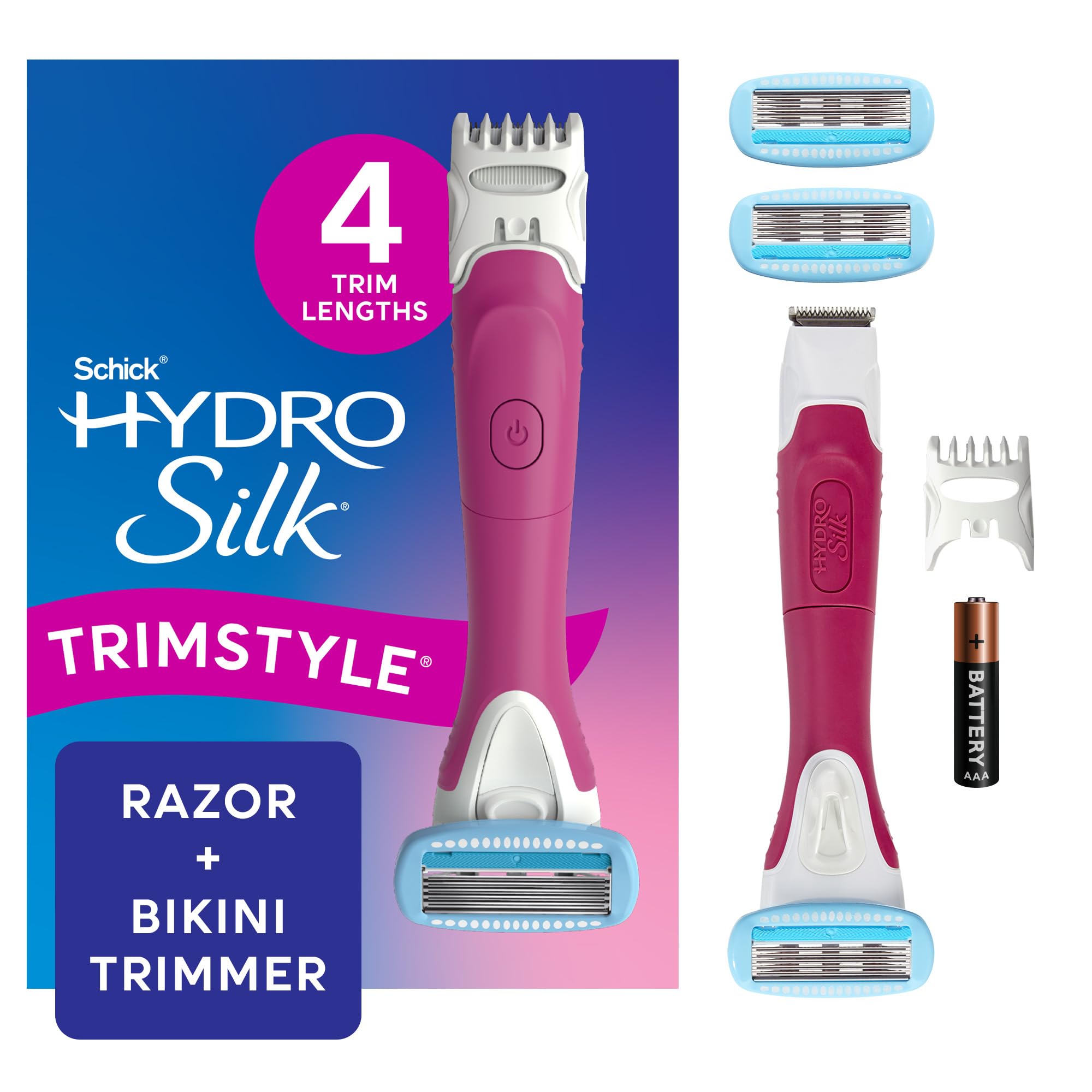Photo 1 of Schick Hydro Silk TrimStyle Razor with Bikini Trimmer for Women | 2-in-1 Bikini Razor for Women and Womens Trimmer for Pubic Hair, Includes 1 Waterproof Handle, 3 Refills & 1 AAA Battery
