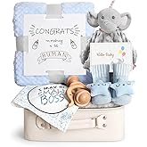 iAOVUEBY Baby Shower Gifts, Baby Boy Gift Basket Set Newborn Blanket Elephant Lovey Baby Security Blanket Wooden Rattle Toy, Funny Bibs Socks & Greeting Card, New Boys Baby Gift Essentials