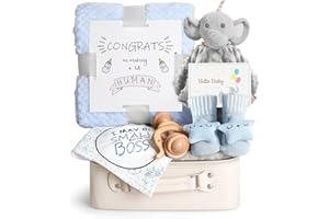 iAOVUEBY Baby Shower Gifts, Baby Boy Gift Basket Set Newborn Blanket Elephant Lovey Baby Security Blanket Wooden Rattle Toy, Funny Bibs Socks & Greeting Card, New Boys Baby Gift Essentials