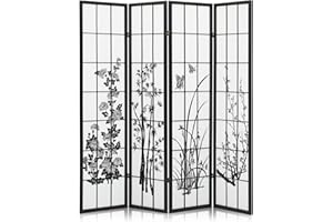Athena Collection 4 Panel Room Dividers Flowers Privacy Screen, 5.9ft Japanese Folding Partition Room Divider Portable Freestanding Wood Room Separation Wall for Bedroom Home Office, Black