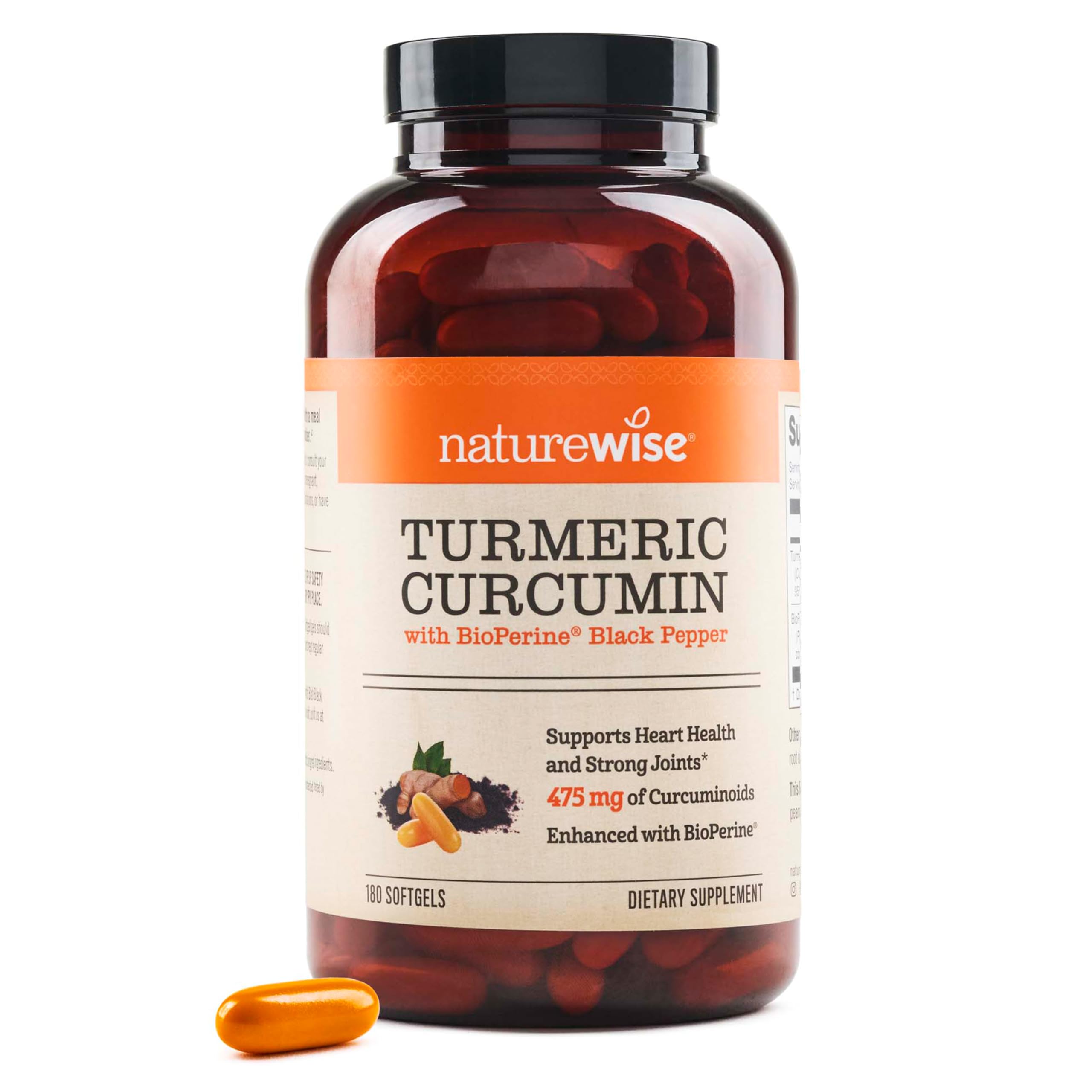 NatureWise Turmeric Curcumin 500mg with Black Pepper Softgels - Extra Strength, Enhanced Absorption - 95% Curcuminoids & BioPerine for Immune Support - Gluten-Free, Non-GMO - 180 Count[6-Month Supply] Image