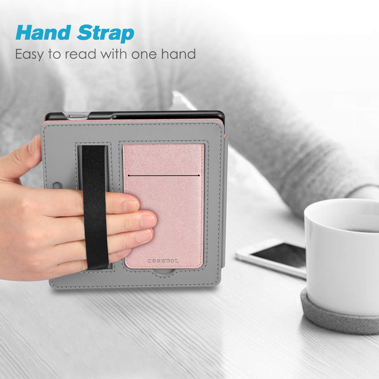 CaseBot Stand Case for Kindle Oasis (10th/9th Generation, 2019/2017 Release) - Premium PU Leather Sleeve Cover with Card Slot and Hand Strap, Rose Gold