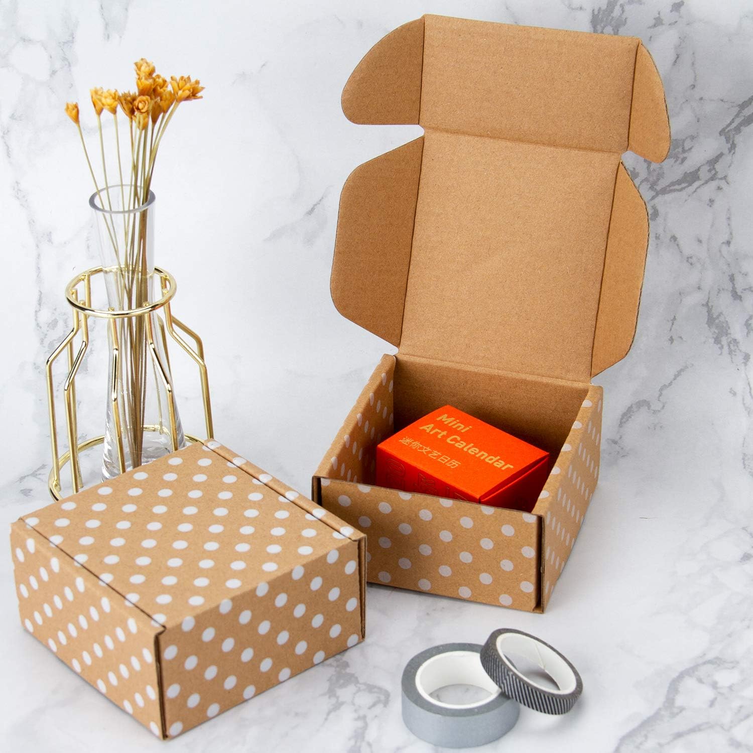 RUSPEPA Recyclable Corrugated Box Mailers - Kraft Cardboard Box White Polka Dot Printed Perfect for Shipping Small - 4 x 4 x 2 Inch - 25 Pack : Office Products