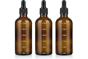Erioctry 3Pcs 100ML /3.4oz Empty Refillable Amber Graduated Scale Glass Essential Oil Dropper Bottles with Black Dropper Disp
