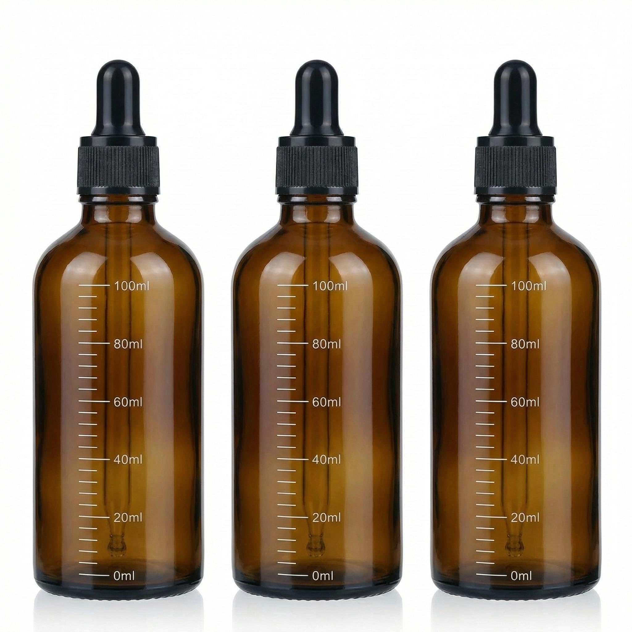 3 Pcs Empty Refillable Amber Glass Graduated Dropper Bottle Essential Oil Cosmetics Elite Fluid Container Jar Pot Holder with Glass Pipette Dropper (100ML /3.4oz)