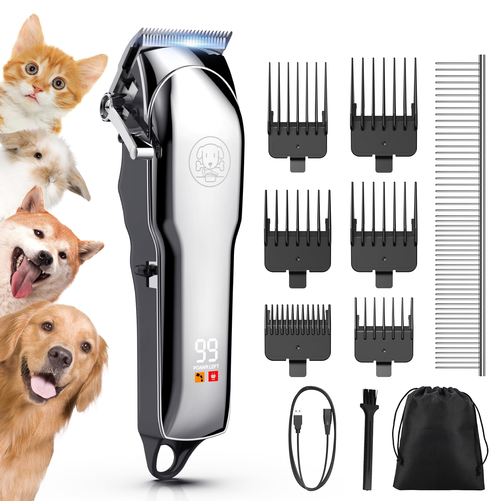 Kriogor Dog Clippers Professional for Thick Hair, Low Noise Dogs Grooming Kit with Stainless Steel Blade, Cordless Grooming Clippers Dog Shaver Trimmer with 6 Guide Combs for Pets and Animals