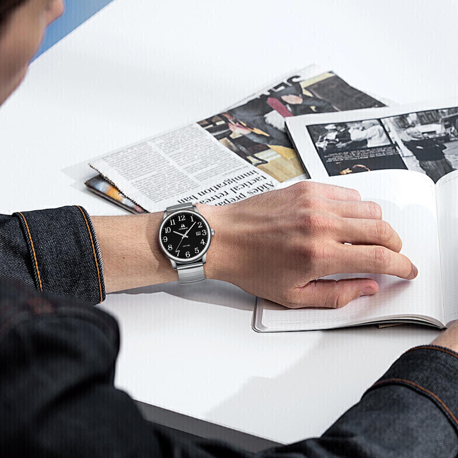 LN LENQIN Mens Watches Stainless Steel Analog Quartz Watch for Men Easy Reader 38 mm Fashion Business Waterproof Men's Wrist Watches with Date and Expansion Band