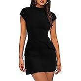 OFEEFAN Womens Summer Dress Mock Neck Short Sleeve Bodycon Party Club Mini Dresses