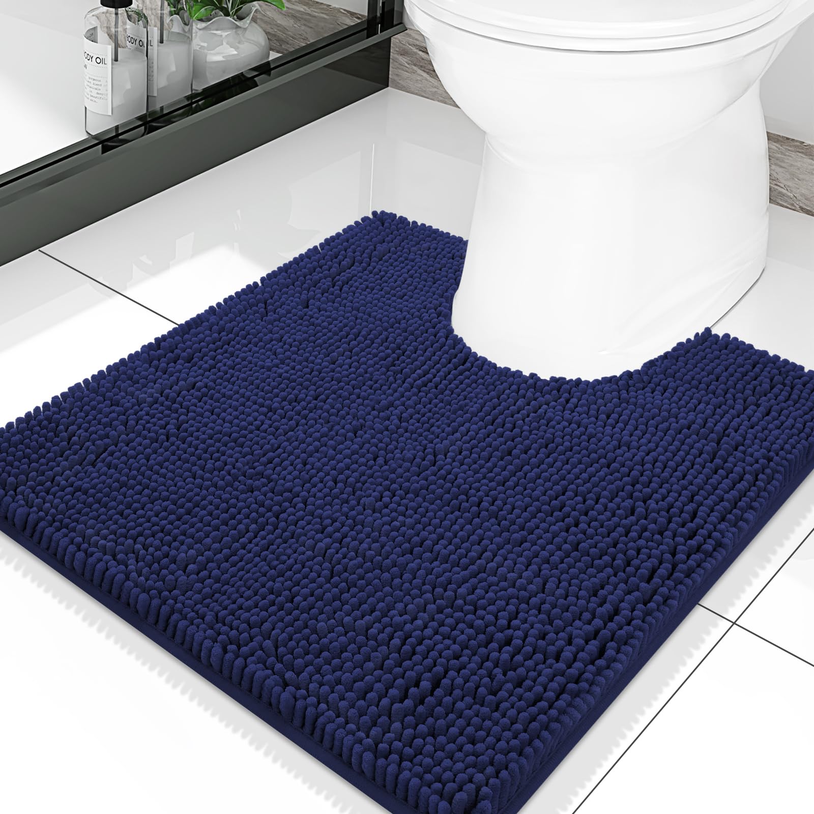 Photo 1 of Smiry Luxury Chenille Toilet Rugs U-Shaped 20''x20'', Soft Absorbent Non-Slip Contoured Rugs, Machine Washable Contour Bath Mats for Bathroom Toilet, Navy Blue