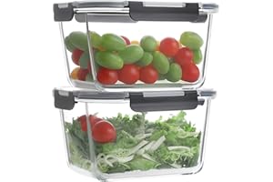 HOMBERKING 4 Pieces 63oz/8cup Large Glass Food Storage Containers, Meal Prep, Airtight Bento Boxes with Leak Proof Locking Lids for Microwave/Oven Freezer Dishwasher, BPA Free(2 Containers + 2 Lids)