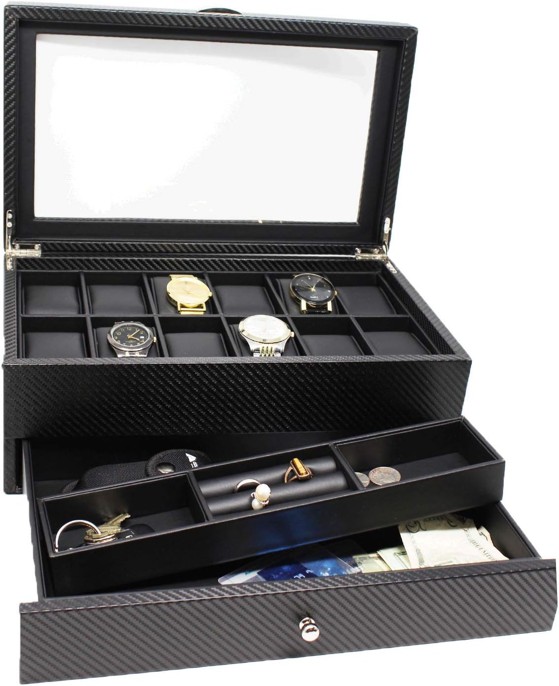 Watch Box- Display Case & Organizer For Men| First-Class Jewelry Watch Holder| 12 Watch Slots & Valet Drawer for Sunglasses, Rings, Phone| Sleek Black Color, Glass Top, Carbon Fiber, & Faux Leather: Home & Kitchen