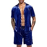 LecGee Men Summer Casual Short Sets Velvet Short Sleeve Button Down Shirt Elastic Waist Shorts 2 Piece Outfits Tracksuit