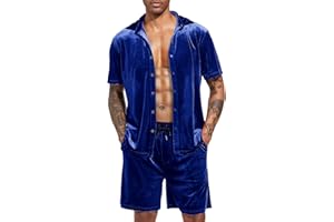 LecGee Men Summer Casual Short Sets Velvet Short Sleeve Button Down Shirt Elastic Waist Shorts 2 Piece Outfits Tracksuit