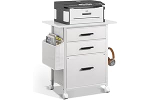 NASHZEN File Cabinet Printer Stand, Fabric Mobile Filing Cabinet with 3 Storage Drawers, for Hanging A4, Letter Size File Folders, Storage Bag and Hooks Home Office, White