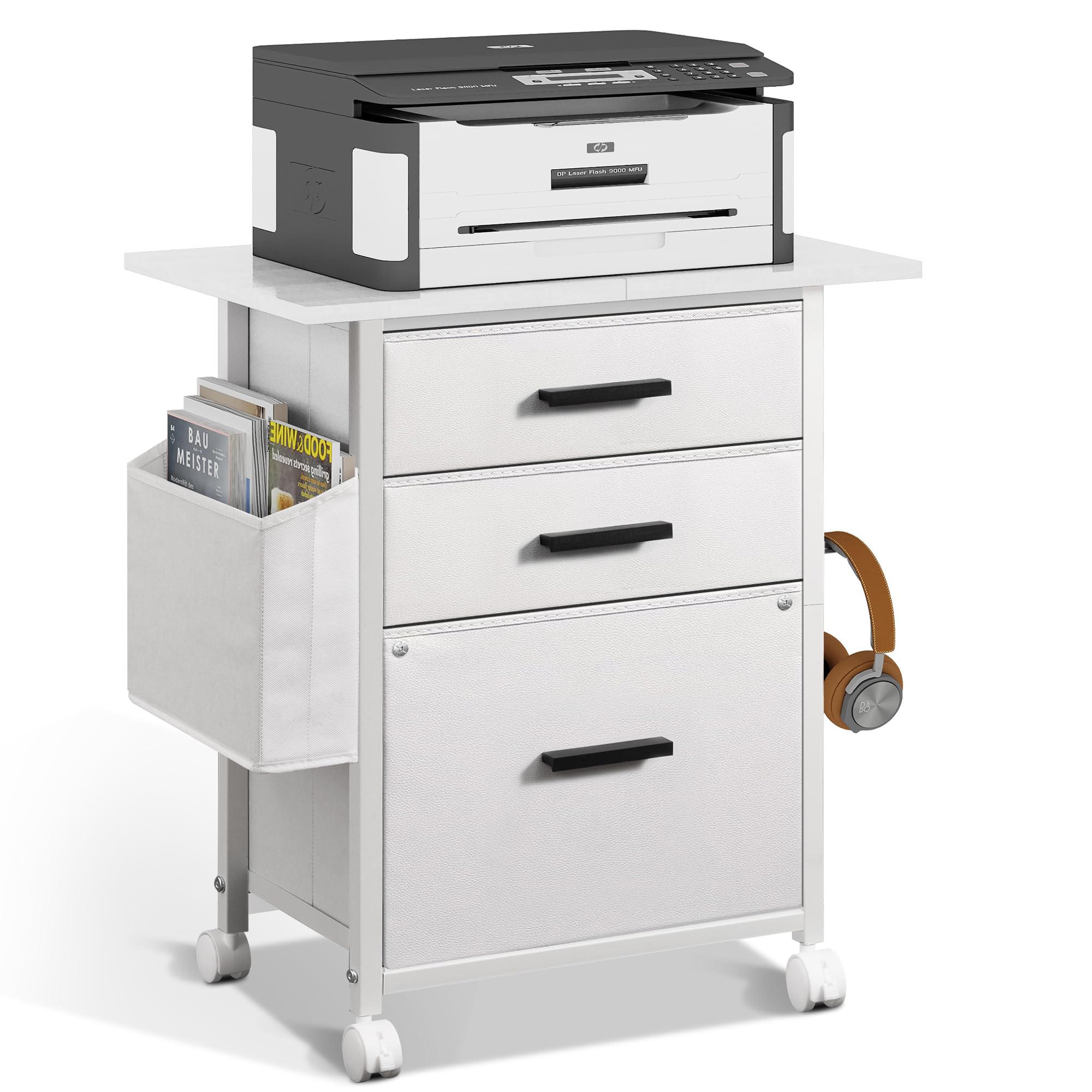 Photo 1 of NASHZEN File Cabinet Printer Stand, Fabric Mobile Filing Cabinet with 3 Storage Drawers, for Hanging A4, Letter Size File Folders, Storage Bag and Hooks Home Office, White